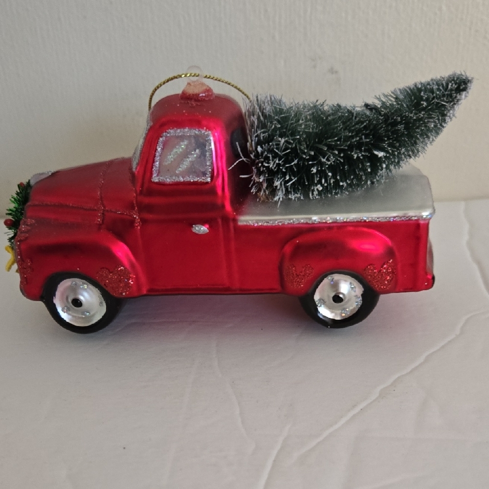 Glass Festive Red Truck Ornament with Tree